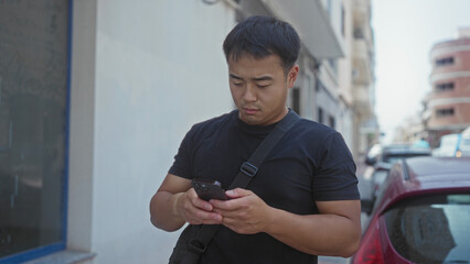 Man holding smartphone in both hands and glancing up amid parked cars on a sunlit city street; urban curiosity.