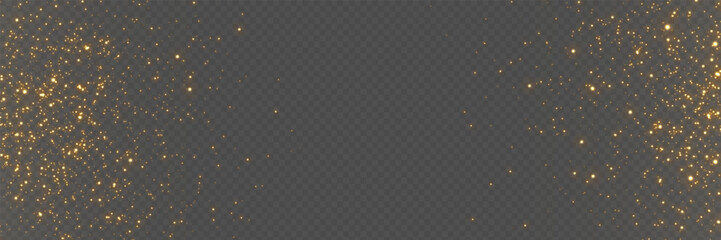 Gold glitter background. Christmas magic effect. Holiday shiny particles border. Luxury dust and sparks for greeting card, brochure or invitation. Glowing stardust texture. Vector illustration. © Vegorus
