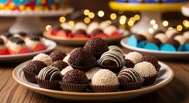 Brazilian brigadeiros on ceramic plate, festive dessert background