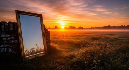 A tranquil sunrise over a grassy field with a weathered mirror leaning against a stone wall, creating a peaceful and reflective scene in nature