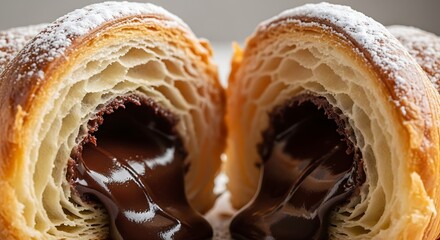 A delectable freshly baked croissant cut in half, revealing a warm, delicious molten chocolate lava filling and dusted with powdered sugar