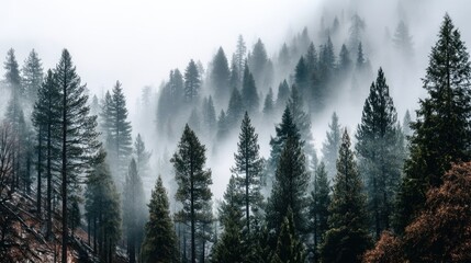 Misty Forest Landscape with Tall Evergreen Trees and Dense Fog in Natural Wilderness Environment