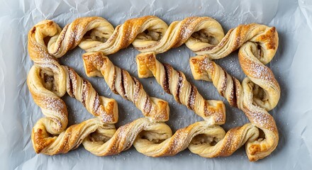 Delicious homemade cinnamon sugar pastry twists, freshly baked to golden perfection and sprinkled with sweet delight, arranged on parchment paper for a delightful treat