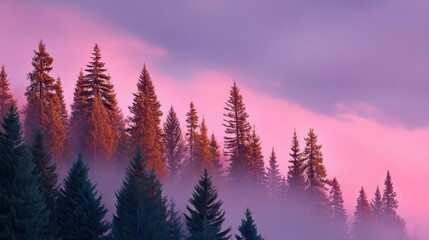 Fototapeta premium Majestic sunrise illuminating evergreen trees against a backdrop of soft pink and purple clouds in a tranquil forest landscape