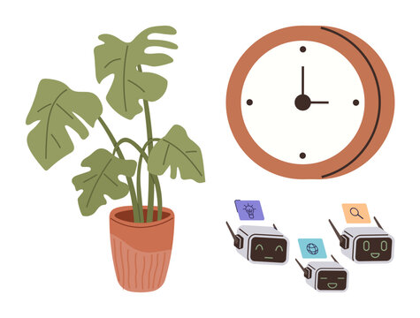 Potted plant beside a wall clock and digital assistants interacting on surfaces. Ideal for time management, digital innovation, balance, nature integration, lifestyle, smart technology, simplicity