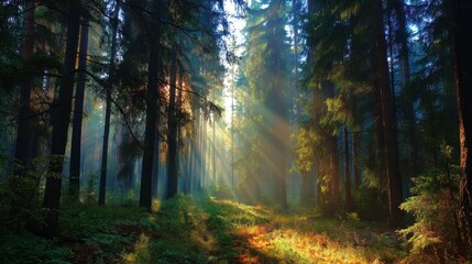 Fototapeta premium Magical Sunlight Filtering Through Tall Trees in a Misty Forest Creating a Serene and Enchanting Atmosphere of Nature's Beauty