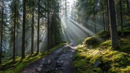 Obraz premium Sunlight Streaming Through Misty Forest Trees with Rays Illuminating a Calm Path Surrounded by Greenery and Vibrant Nature in a Peaceful Atmosphere