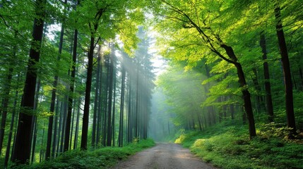 Naklejka premium Serene Forest Pathway Surrounded by Lush Green Trees and Soft Sunlight Filtering Through Foliage, Inviting Nature Exploration and Tranquility