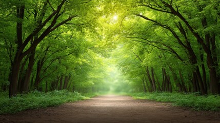 Obraz premium Serene Forest Pathway Surrounded by Lush Green Trees and Natural Light Filtering Through the Canopy on a Warm Day in Nature