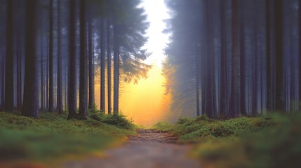 Obraz premium Serene Forest Pathway Leading to Glowing Sunrise Amidst Tall Trees and Enchanting Fog in a Calm Natural Landscape
