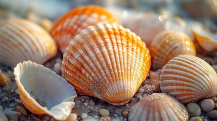 Orange Seashells on Sandy Beach, Macro Close Up