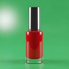 A vibrant red nail polish bottle with a sleek silver cap standing upright on a smooth green background, showcasing a glossy finish and modern design