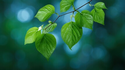 Lush green leaves on a delicate branch with a soft bokeh background, symbolizing nature's tranquility and freshness in a vibrant ecosystem