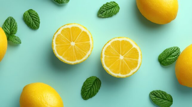 Fresh Lemons and Mint Leaves on Soft Blue Background Creating a Vibrant and Refreshing Culinary Scene for Food Photography