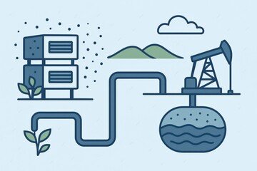 Visual representation of natural resource management featuring oil extraction and ecological balance with symbolic plants and technology demonstrating sustainable practices