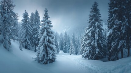 Naklejka premium Serene Winter Landscape with Snow-Covered Pine Trees Under a Misty Sky in a Peaceful Forest Scene