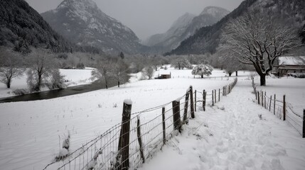 Fototapeta premium Snow-Covered Landscape with Majestic Mountains, Scenic River, and Winter Wonderland Setting Captured on a Cold Overcast Day