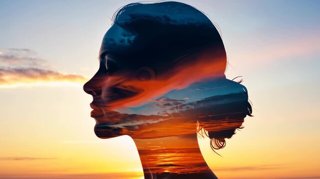 Inner Contemplation: A woman's silhouette is layered over a scenic sunset, symbolizing the profound connection between the inner world and the outer environment and exploring themes of introspection.