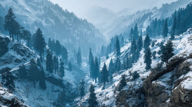 Majestic Snow-Covered Mountains Surrounded by Evergreen Trees in a Misty Valley Landscape with a Sense of Calm and Serenity - Powered by Adobe