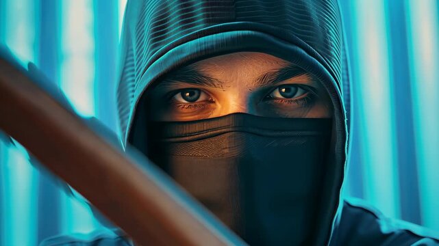 Concealed Fury: A hooded figure with intense eyes holds a baseball bat in a dimly lit, high-contrast scene, evoking tension and hidden aggression.