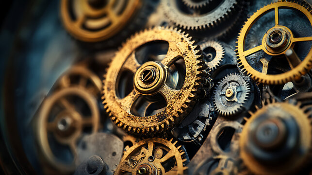 A close up of a clock with many gears. The gears are yellow and black. The clock is not in motion
