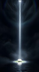A mysterious beam of light descends from the dark sky onto a serene water surface, illuminating a small patch of land with a glowing flower at its center