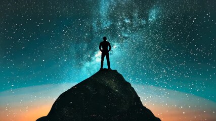 Stargazing on a Summit: A lone figure stands atop a mountain peak, silhouetted against a breathtaking backdrop of the starlit sky, embracing solitude and the wonder of the cosmos.