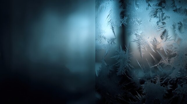 Close-Up View of Frosted Glass with Intricate Ice Crystals and Soft Background Light Creating a Frosty Winter Atmosphere