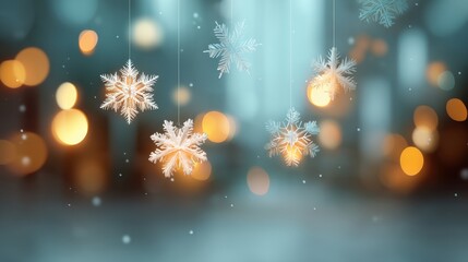 Magical winter scene with hanging snowflakes and soft glowing lights creating a festive atmosphere for seasonal celebrations and holiday decorations