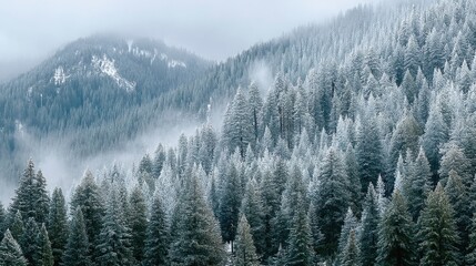 Snow-Covered Evergreen Trees in a Misty Forest Landscape Surrounded by Majestic Mountains and Foggy Atmosphere Under a Gloomy Sky