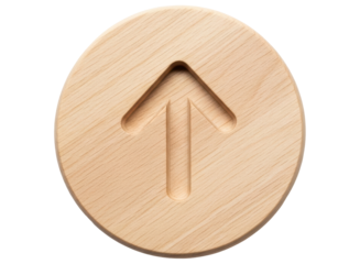 Upward arrow symbol embossed on a light wooden circle, signifying direction