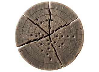 Detailed cross section of a weathered tree trunk with annual rings and holes