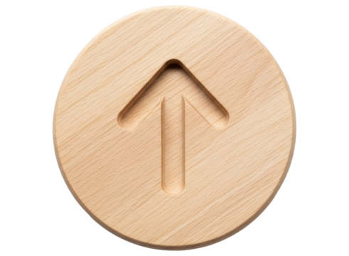 Upward arrow symbol embossed on a light wooden circle, signifying direction