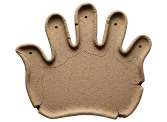 Weathered ceramic hand impression with cracked texture and decorative holes