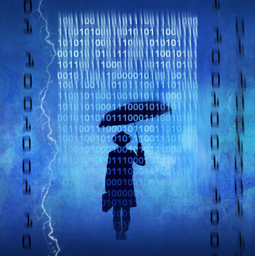 A businessman with his umbrella is seen finding his way through a data storm of one and zeros and lightning in a 3-d illustration.