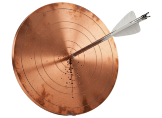 Arrow hitting bullseye on a copper target, symbolizing success and achievement