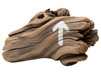 Weathered driftwood log with a hand painted white arrow pointing upwards