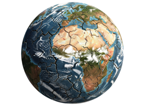 Cracked earth globe with dry, fractured continents and oceans, symbolizing global crisis