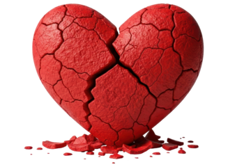 Visually striking red heart, deeply cracked and broken into pieces, symbolizing emotional pain