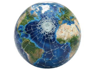 Shattered earth globe with cracks spreading across continents and oceans