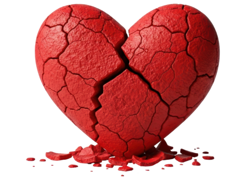 Visually striking red heart, deeply cracked and broken into pieces, symbolizing emotional pain
