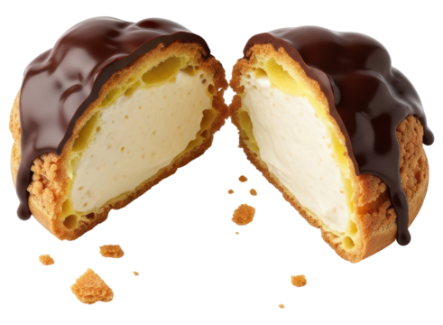 Delicious cream puff cut in half with creamy filling and rich chocolate topping
