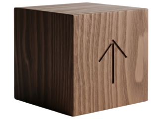 Wooden cube with upward arrow symbolizing progress and direction
