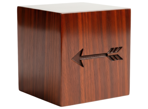 Elegant wooden cube with a carved arrow symbolizing direction and choice