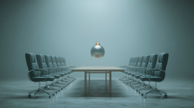 A conference table surrounded by empty chairs while a Christmas ornament floats, concept of Christmas ideas in business