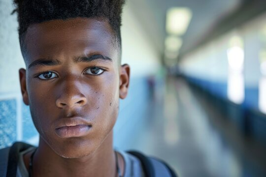 Headshot portrait of a serious young Black male student or teenager looking directly at the camera in a blurred, brightly lit school hallway or corridor