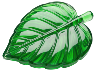 Shiny green glass leaf with intricate veins, symbolizing nature and eco friendly concepts