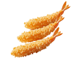 Three crispy breaded shrimp with tails, a popular seafood dish