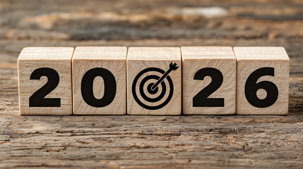 Wooden blocks forming &ldquo;2026&rdquo; with a target icon, symbolizing goals, planning, success and new year motivation for growth and achievement