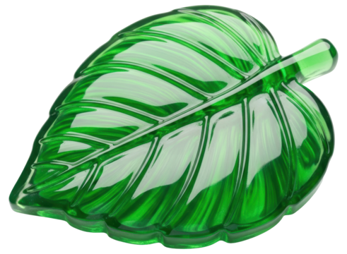 Shiny green glass leaf with intricate veins, symbolizing nature and eco friendly concepts